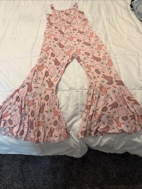 Girls Pink Bunny Print Ruffle-Leg Jumpsuit